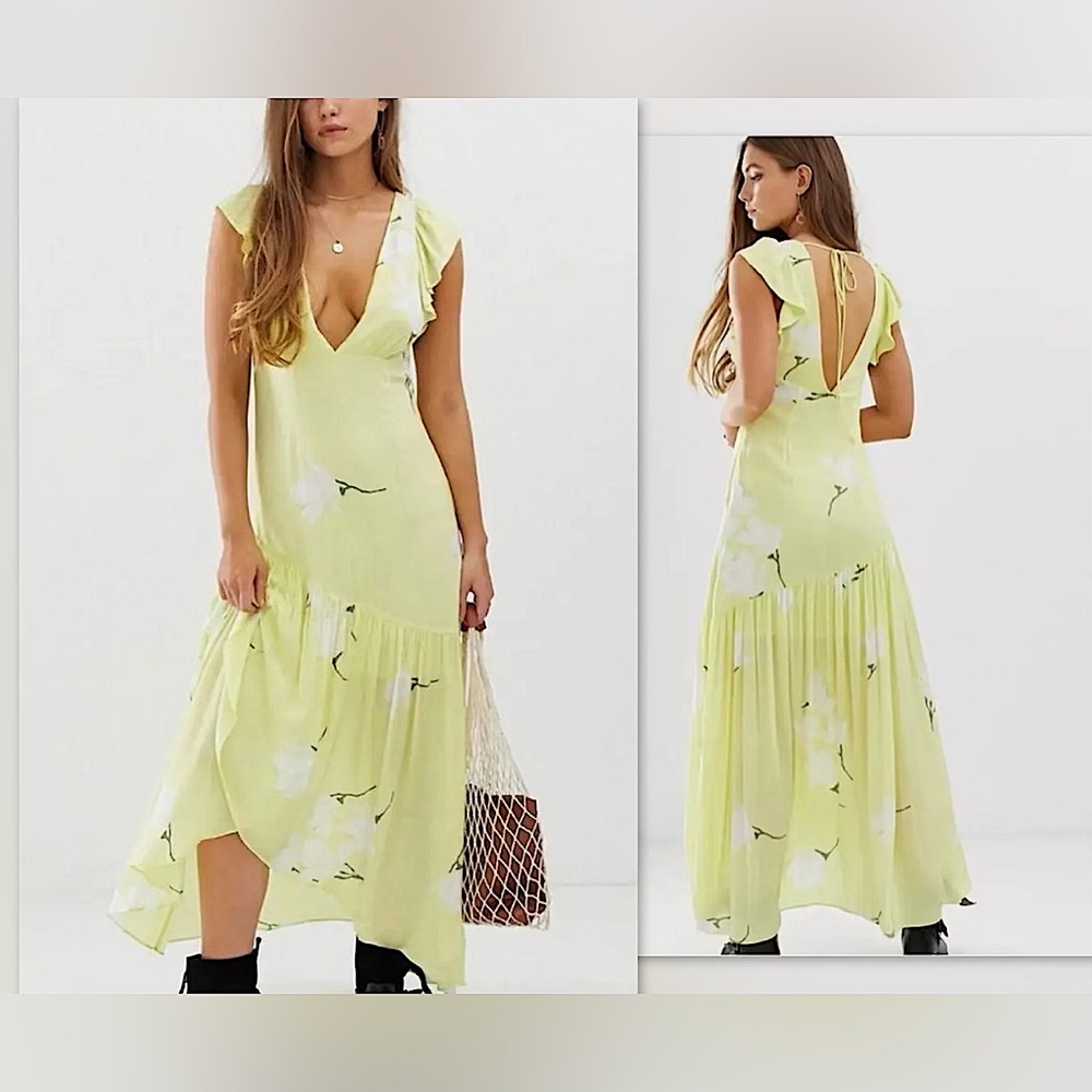 🍋Free People She's A Waterfall High/Low Maxi Dress in Lemon Ice Yellow, 8